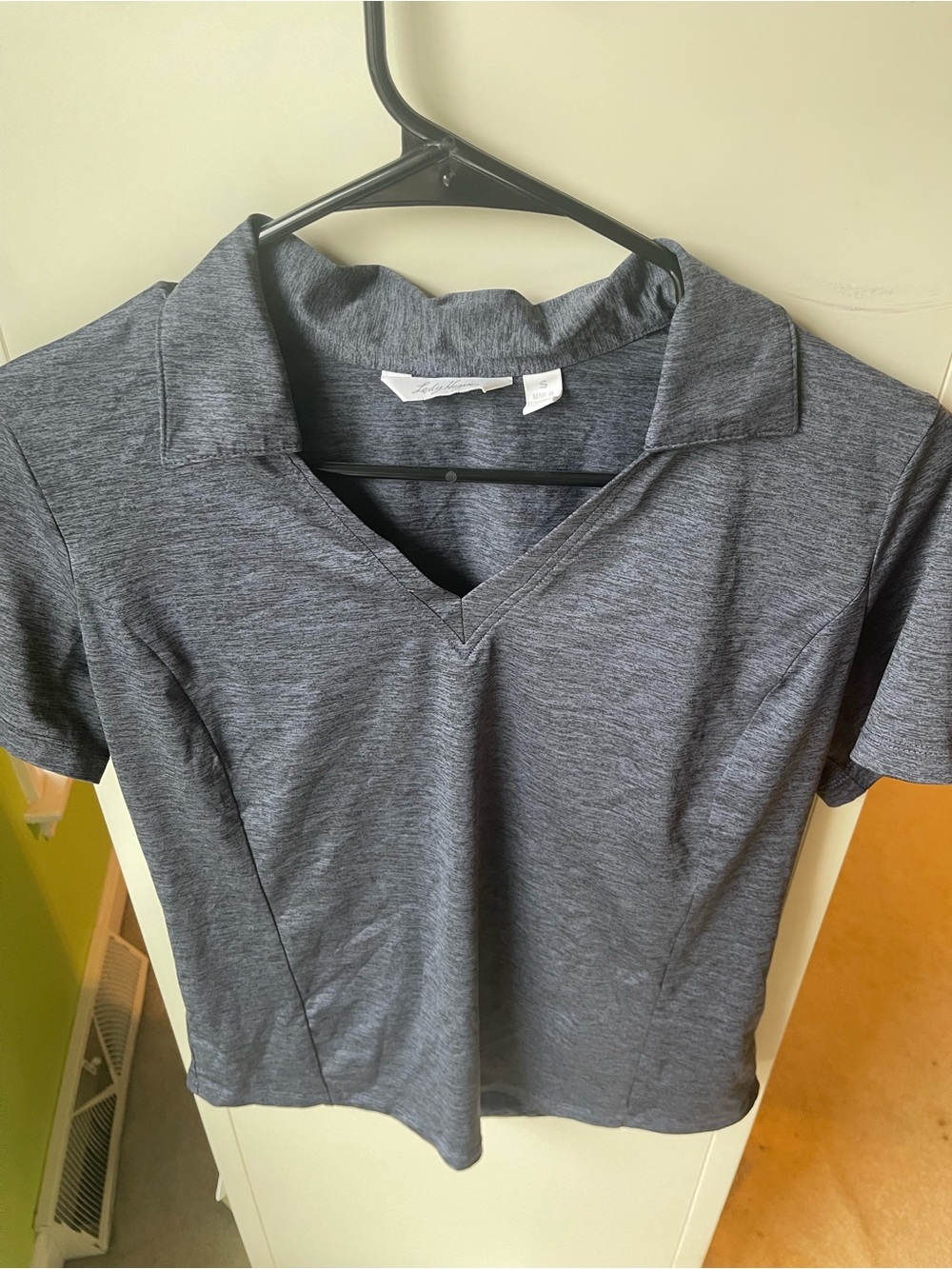 Lady Hagen Heathered Gray Short Sleeve Collared V-Neck Top